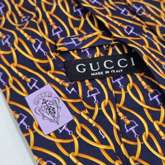 GUCCI Mens Tie Horsebit Pattern bridle belt Silk Italy Blue Gold Old Money - Picture 5 of 7